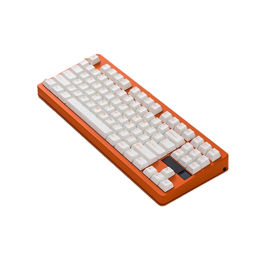 Mechanical keyboard with orange frame and white keys on a white background